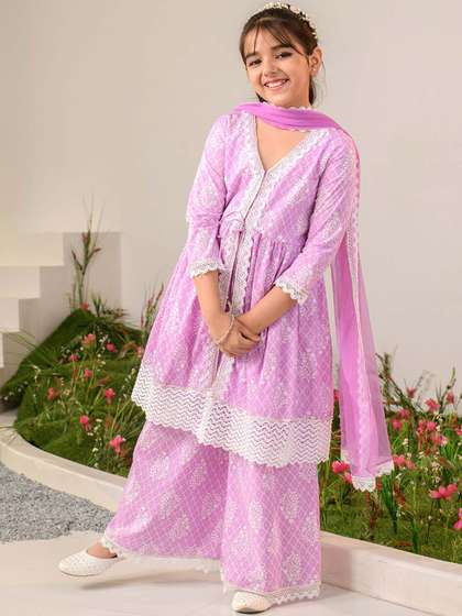 pspeaches Girls Ethnic
                    Motifs Printed Pure Cotton Kurta With Palazzos &
                    Dupatta