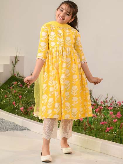 Pspeaches Girls Yellow
                    Floral Cotton Anarkali Pant Dupatta Set