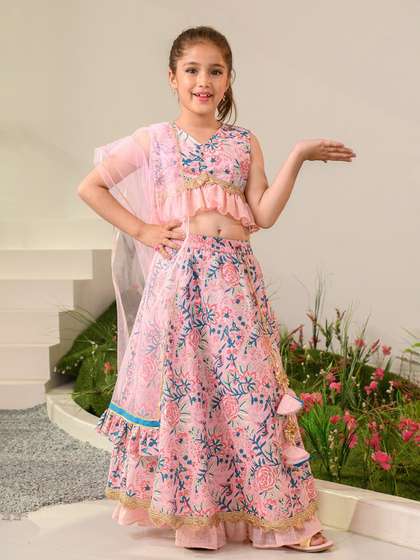 Pspeaches Girls Pink
                    Cotton Asymmetrical Lehenga Choli Dupatta Set