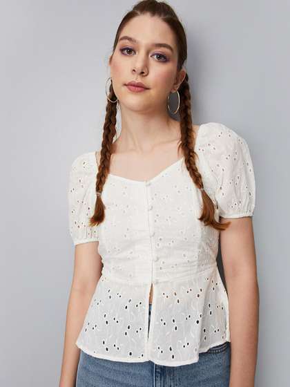 max Self Design
                          Sweetheart Neck Puffed Sleeves Embroidered
                          Pure Cotton Fitted Top