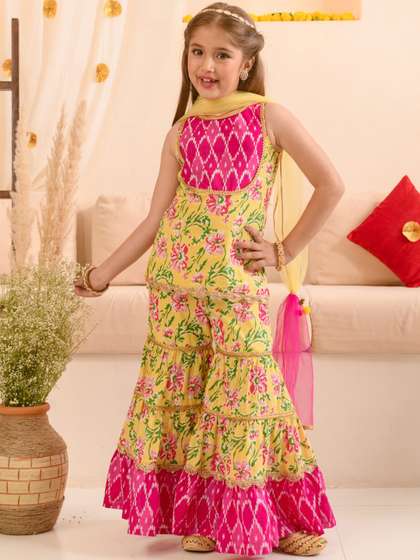 Pspeaches Girls Yellow
                    And Pink Cotton Kurta Sharara Dupatta Set