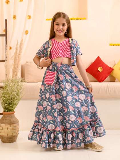 pspeaches Girls
                        Floral Printed Striped Ready to Wear Lehenga
                        Choli With Waist Coat