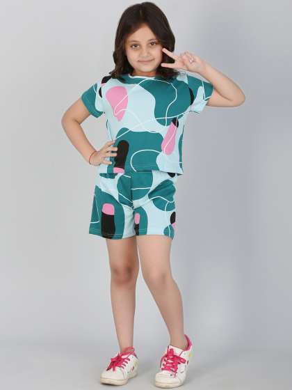 Ninos Dreams Girls Abstract Printed Pure Cotton T-Shirt With Shorts