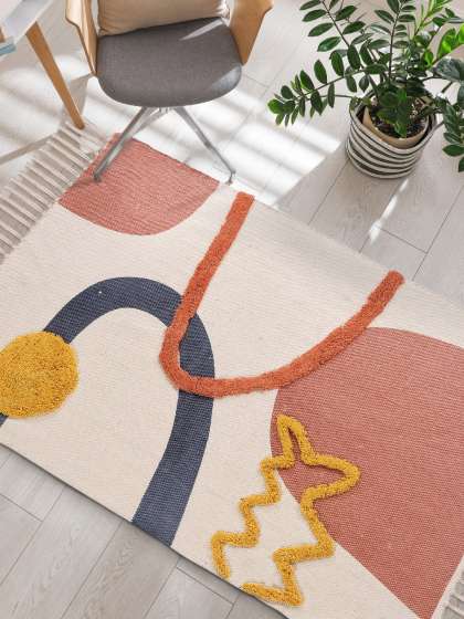 URBAN SPACE Beige & Red Tufted Pure Cotton Anti-Skid Rectangular Carpet