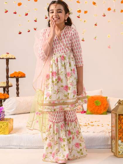 Pspeaches Girls Pink And
                    Off White Floral Cotton Kurta Sharara Dupatta Set