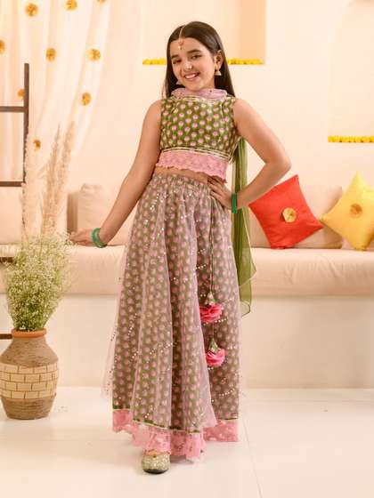 Pspeaches Girls Olive
                      Green Booti Cotton Lehenga Choli Dupatta Set