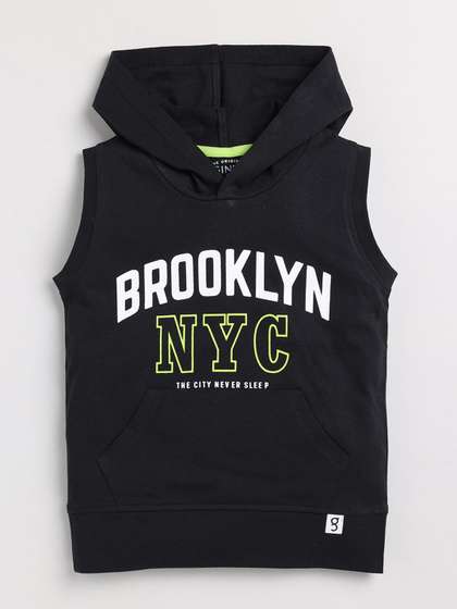 Ginie Boys Typography Printed Hooded Sleeveless Cotton T-shirt