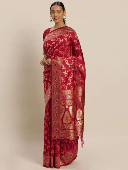 Sangria Red Floral
                        Woven Design Zari Banarasi Saree