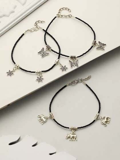 Saraf RS Jewellery
                        Set Of 3 Silver-Plated Stone-Studded Anklet