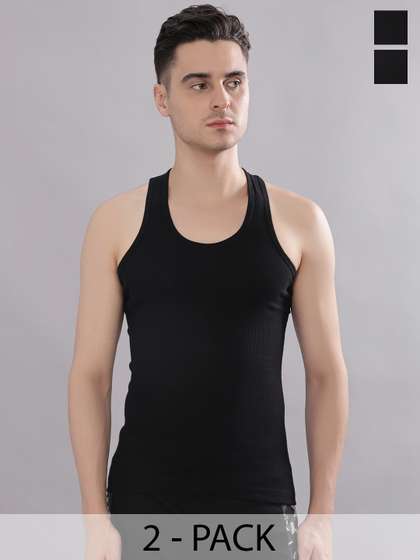 Dollar Bigboss Men
                      Solid Pack of 2 Black Cotton Stretch Rib Regular
                      Fit Casual Vest