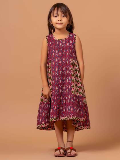 Sangria Girls Red
                      & Blue Ajrakh Printed Pure Cotton A-Line
                      Dress