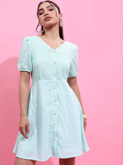 Vishudh Green V-Neck
                        Puff Sleeves Fit & Flare Dress