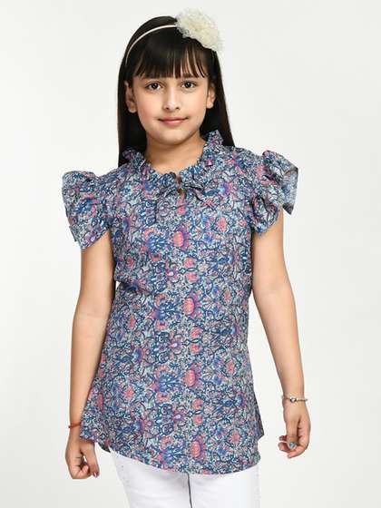 IndiWeaves Girls Floral
                    Printed Tie-Up Neck Flared Sleeves Ruffles Top