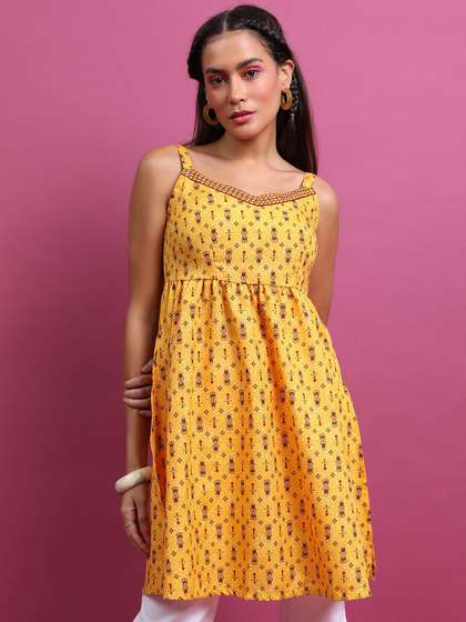 KETCH Mustard & Maroon Floral Printed Shoulder Straps A-Line Tunic