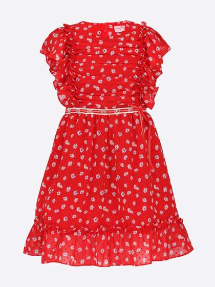 CUTECUMBER Girls Floral
                    Printed Flutter Sleeves Fit & Flare Dress