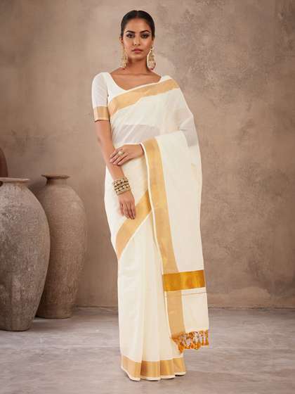 Soch Off White &
                        Gold-toned Zari Pure Cotton Kasavu Saree