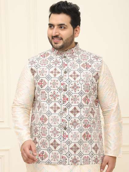 SOJANYA PLUS Plus
                          Size Ethnic Motif Printed Cotton Linen Nehru
                          Jacket