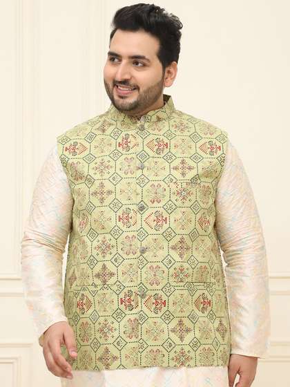 SOJANYA PLUS Plus
                          Size Printed Cotton Linen Nehru Jacket