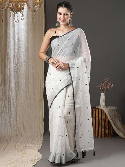 Anouk White &
                        Black Floral Printed Zari Silk Cotton Saree