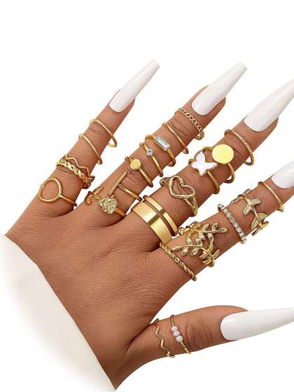 Jewels Galaxy Set Of
                        24 Gold-Plated Stone Studded & Beaded Finger
                        Ring