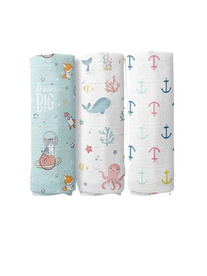 haus & kinder
                      Infant Kids Set of 3 Pure Cotton Printed Swaddles
