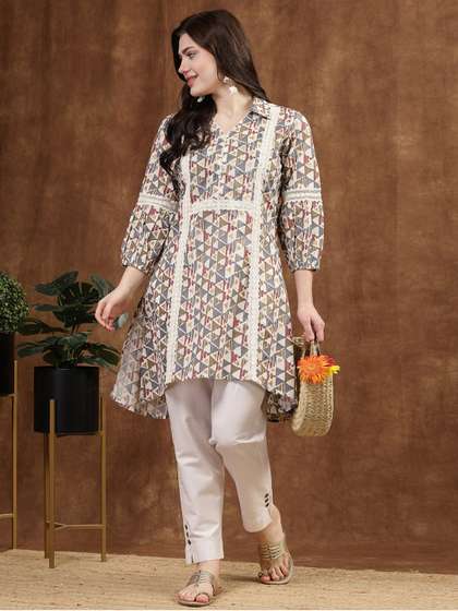 Nayam By Lakshita Women Geometric Printed Cotton Cambric A-Line High-Low Tunic