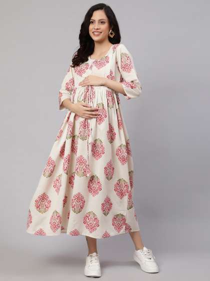 Nayo Off White
                          Floral Printed Round Neck Tie Up Cotton Fit
                          & Flare Maternity Dress