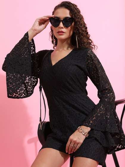 Tokyo Talkies Black
                        Self Design V-Neck Playsuit