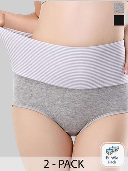 PLUMBURY Pack Of 2
                        Striped High Waist Tummy Control Briefs
