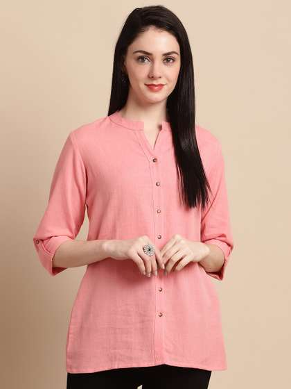 Pistaa Mandarin Collar Roll Up Sleeves Pure Cotton Kurti