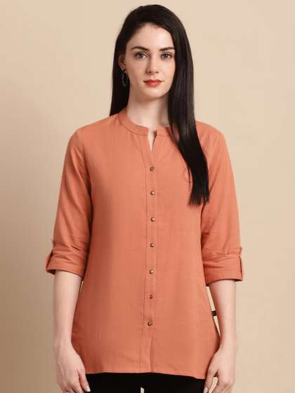 Pistaa Mandarin Collar Roll Up Sleeves Pure Cotton Kurti