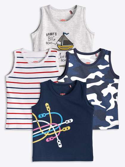 ariel Boys Pack Of 4
                      Printed Round Neck Sleeveless Pure Cotton T-shirt