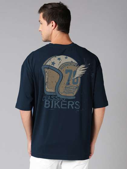 Roadster Navy Blue Graphic Printed Pure Cotton Oversized T-shirt