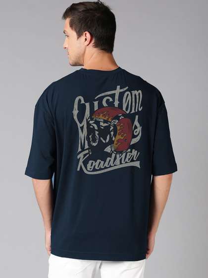 Roadster Navy Blue Graphic Printed Pure Cotton Oversized T-shirt