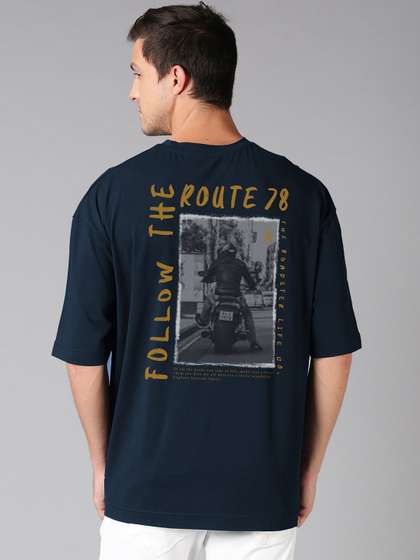 Roadster Navy Blue Graphic Printed Pure Cotton Oversized T-shirt