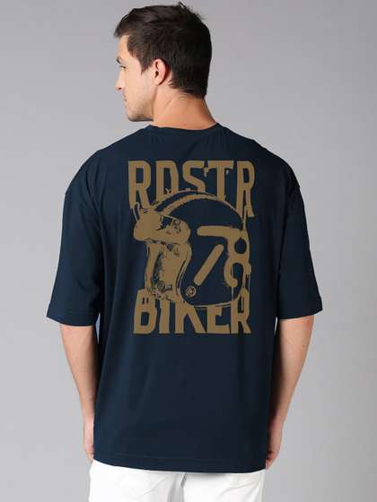 Roadster Navy Blue Typography Printed Pure Cotton Oversized Tshirt