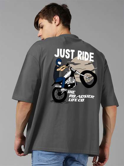 Roadster Grey Graphic Printed Pure Cotton Oversized Tshirt
