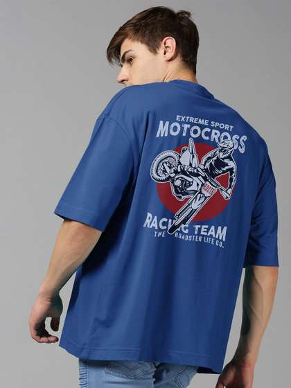 Roadster Blue Graphic Printed Pure Cotton Oversized Tshirt
