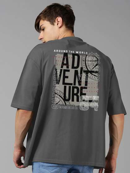 Roadster Grey Typography Printed Pure Cotton Oversized Tshirt