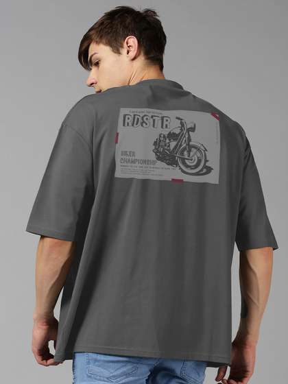 Roadster Grey Graphic Printed Pure Cotton Oversized T-Shirt
