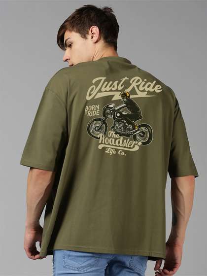Roadster Olive Typography Printed Drop Shoulder Sleeves Oversized Fit Pure Cotton T-Shirt
