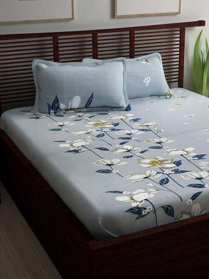 Bedsheets Double Single Online In India Myntra Story Home Grey Blue Fl Flat 250 Tc Cotton 1 Extra Large Bedsheet With