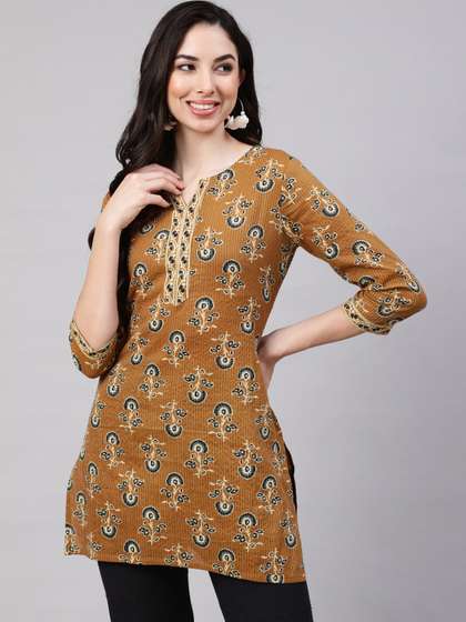 Nayo Mustard Floral Printed Round Neck Pure Cotton Regular Kurti