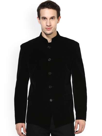 Hangup Men Black Regular Fit Single-Breasted Velvet Ethnic Bandhgala Blazer