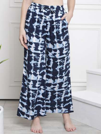 Claura Women Navy
                        Blue Printed Flared Cotton Lounge Pants