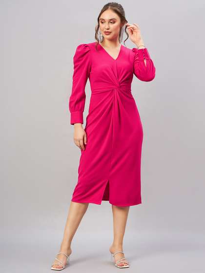 Antheaa Pink Shirt
                        Collar Cuff Sleeves Pleated Sheath Midi Dress