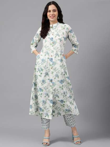 KALINI Mandarin Collar Floral Printed Panelled A-Line Pure Cotton Work Kurta