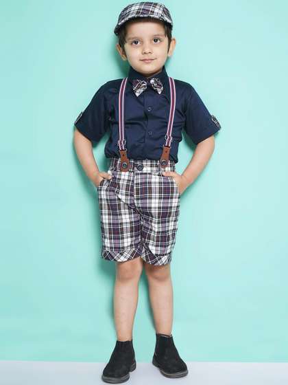 Aj DEZInES Boys Checked
                    Shirt with Shorts & Cap Suspenders Clothing Set