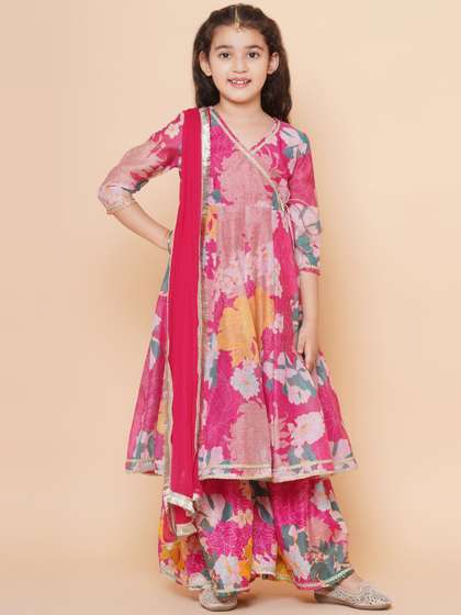 Bitiya by Bhama Girls
                    Pink Floral Printed Angrakha Gotta Patti Kurta with
                    Sharara & With Dupatta