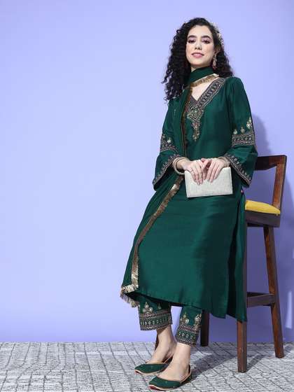Varanga Green Zari
                        Embroidered Flared Sleeves Kurta with Trouser
                        & Dupatta